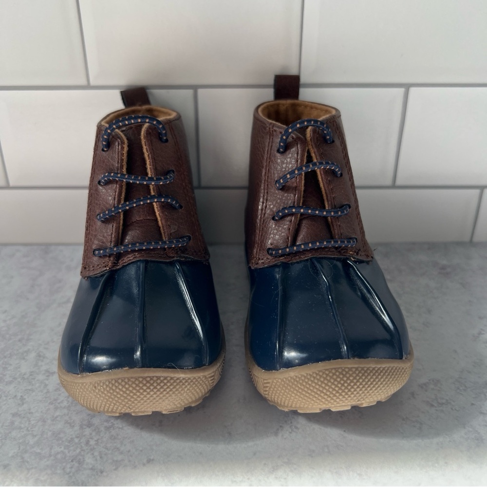 Size 4🦆 Baby Deer Navy Brown Duck Boot Shoes Patent Upper Slip On by Trimfoot Co